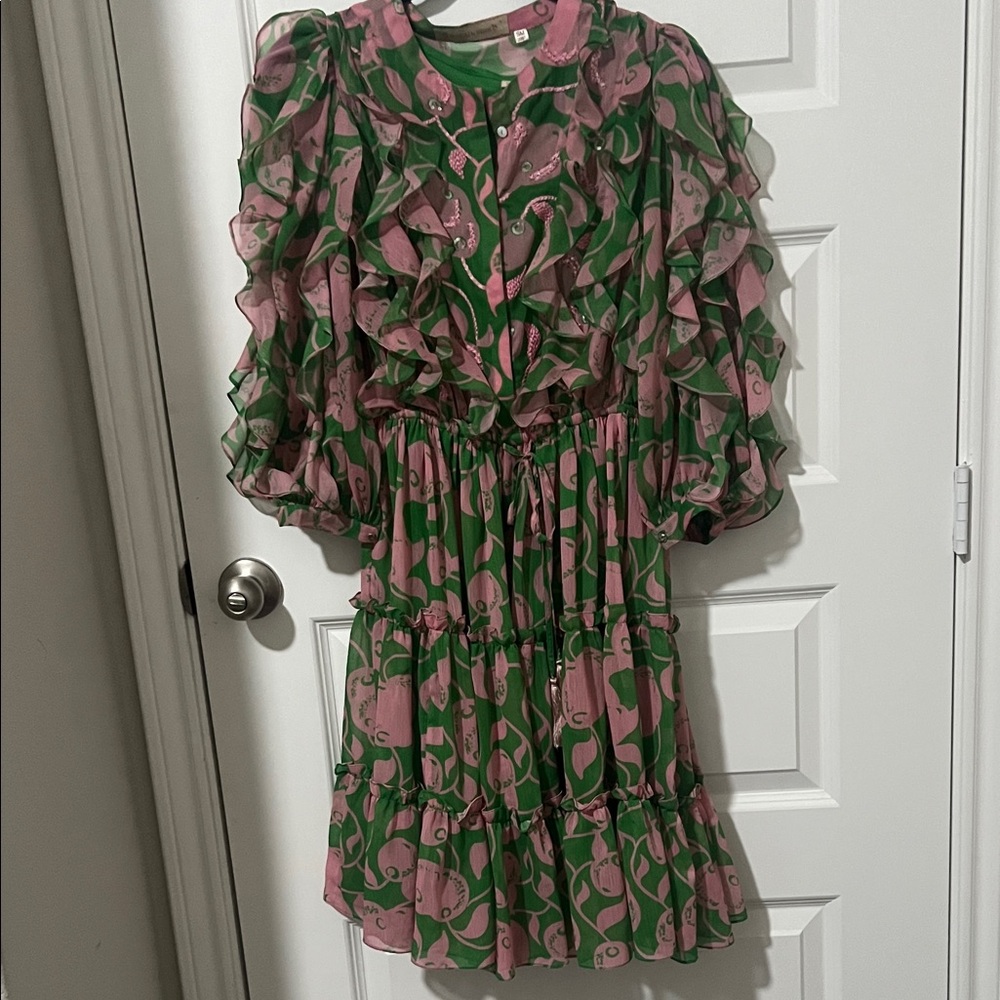 Chic Green and Pink Ruffle Midi Dress